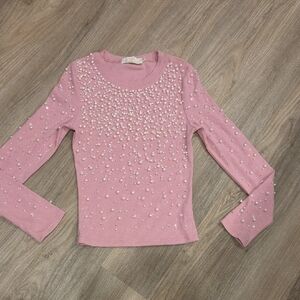 Pink Pearl-Embellished Sweater Top